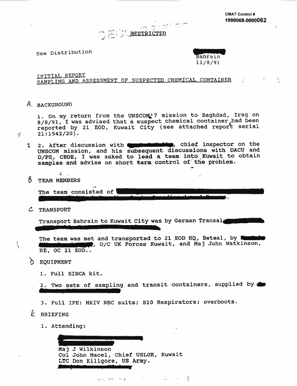 Initial report from sampling team leader, Subject: �Sampling and Assessment of Suspected Chemical Container,� August 11, 1991.