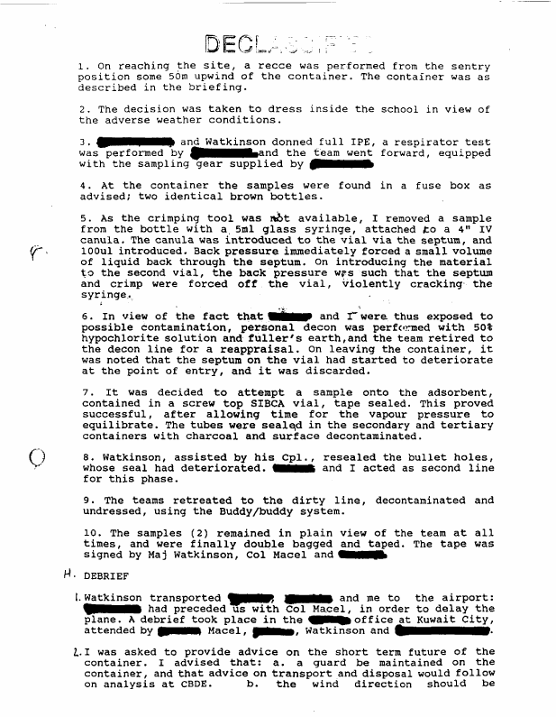 Initial report from sampling team leader, Subject: �Sampling and Assessment of Suspected Chemical Container,� August 11, 1991