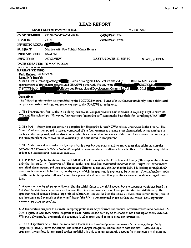 Lead sheet 23181, Meeting with Fox subject matter experts, August 26, 1999