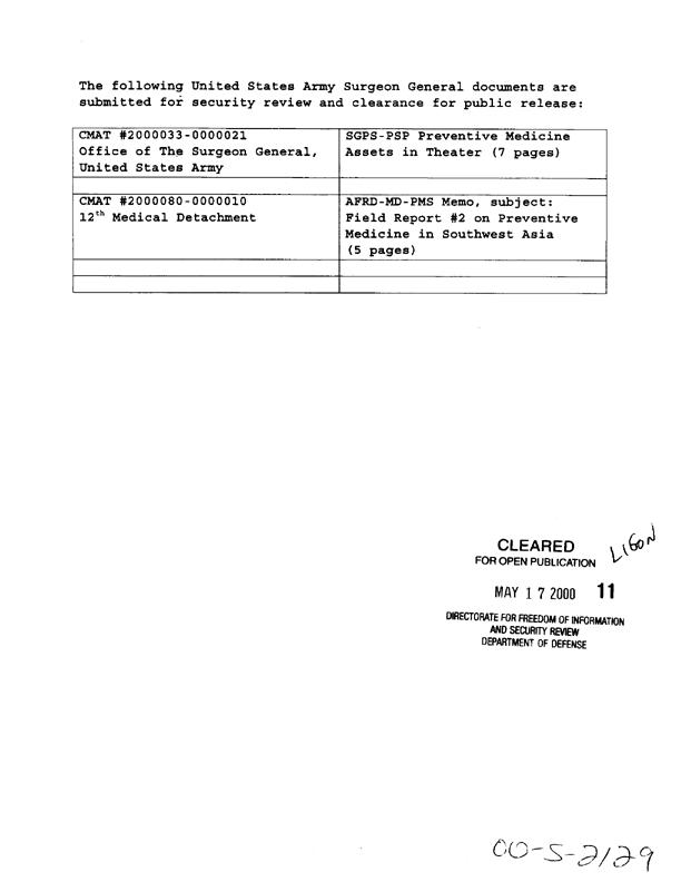   US Army Surgeon General, Preventive Medicine Consultant, �Preventive Medicine Assets in Theater,� January 29, 1991.