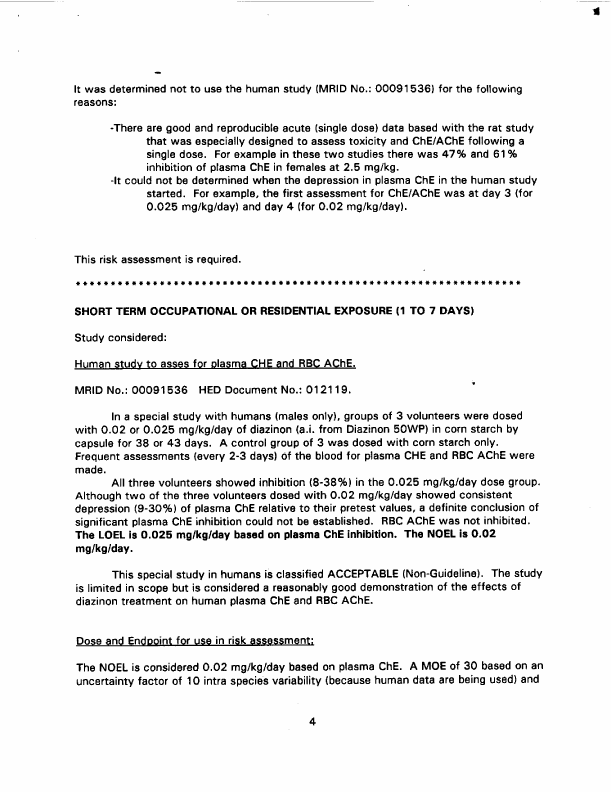 US Environmental Protection Agency, Office of Pesticide Programs, Health Effects Division, Toxicology Endpoint Selection Document for Diazinon, doc. no. 013157), June 4, 1997, p. 4.