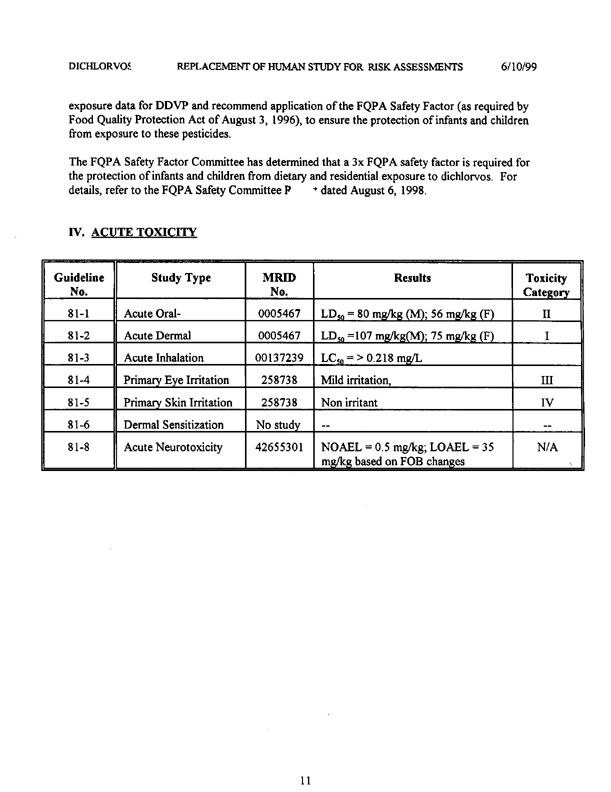 Environmental Protection Agency, Dichlorvos (DDVP)-Replacement of Human Studies Used in Risk Assessments-Report of the Hazard Identification Assessment Review Committee, HED document #013434,  June 2, 1999, p. 12.
