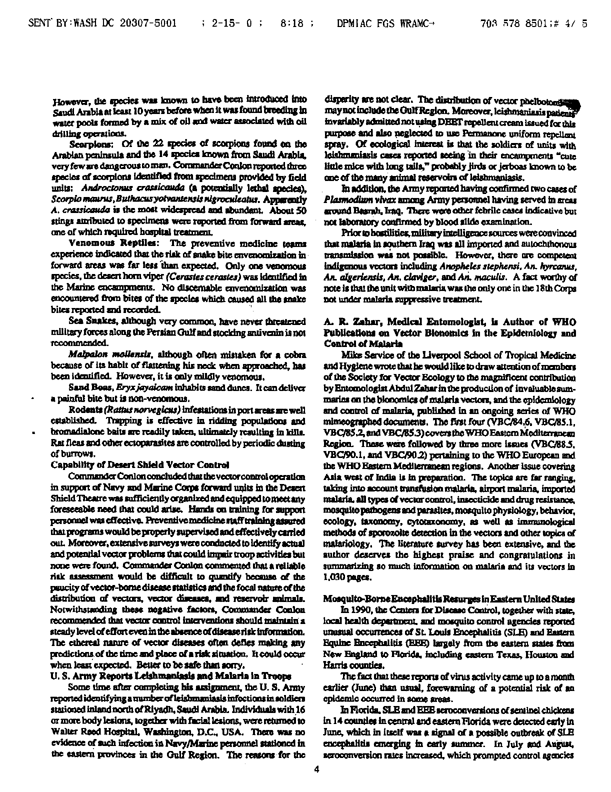  Society for Vector Ecology, �Navy/Marine Desert Shield/Storm Vector Control Activity,� Vector Ecology Newsletter, Vol. 22, No. 1, April 1991, p. 3.