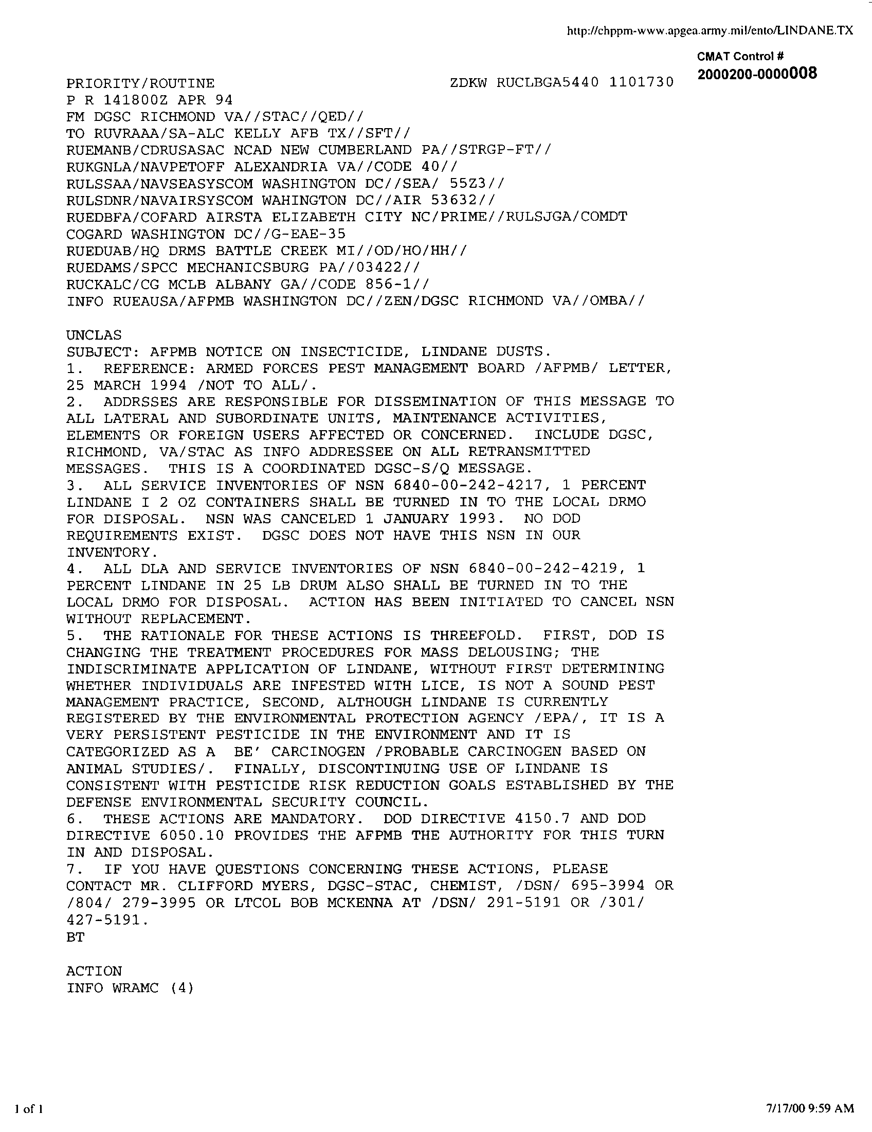 Defense General Supply Center Message, Subject: �AFPMB Notice on Insecticide, Lindane Dusts,� April 14, 1994.