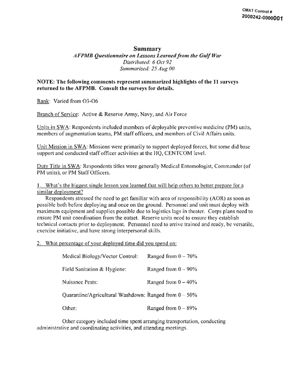   Armed Forces Pest Management Board, Summary:  AFPMB Questionnaire on Lessons Learned from the Gulf War, August 25, 2000, p. 1-3.
