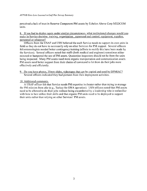   Armed Forces Pest Management Board, Summary:  AFPMB Questionnaire on Lessons Learned from the Gulf War, August 25, 2000, p. 1-3.