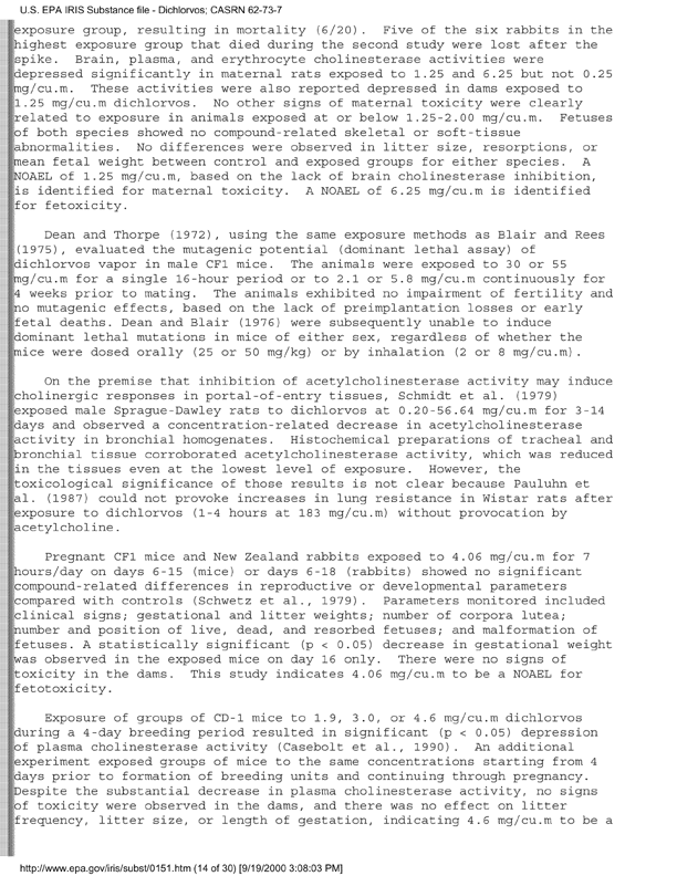 Environmental Protection Agency, Integrated Risk Information System (IRIS), �Dichlorvos,� [online]. Available from: http://www.epa.gov/iris/subst/0151.htm. [Updated 5 May 1998.], p. 12.