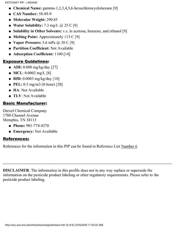Extension Toxicology Network (EXTOXNET), �Pesticide Information Profile: Lindane,� [online]. Available from: http://ace.ace.orst.edu/info/extoxnet/pips/lindane.htm. [Revised June 1996.], p. 2.