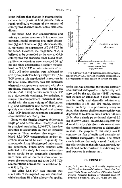 Nolan, R.J., D.L. Rick, N.L. Freshour, and J.H. Saunders, �Chlorpyrifos: Pharmacokinetics in Human Volunteers,� Toxicology and Applied Pharmacology, vol. 73, no. 1, p. 9-10.