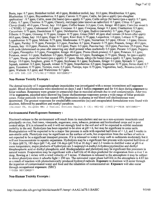 National Library of Medicine/National Institutes of Health (September 24, 2002), TOXNET Summary of Diazinon (CASRN 333�41�5), p. 4.