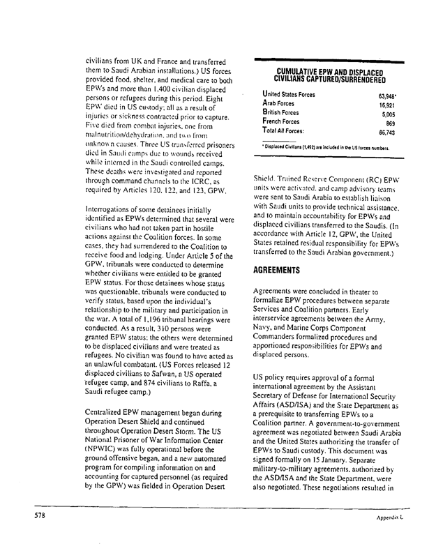 US Department of Defense, Final Report to Congress, �Conduct of the Persian Gulf War - Appendix L: Enemy Prisoner of War Operations,� April 1992, pp. 577-587.