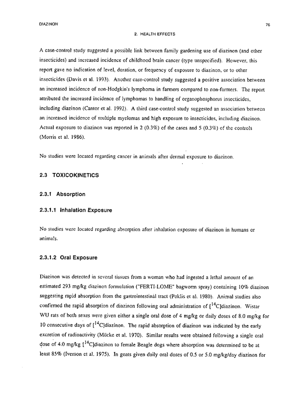 Agency for Toxic Substances and Disease Registry, Toxicological Profile for Diazinon-Upate, US DHHS, Public Health Service, Atlanta, GA., August 1996, p. 76.