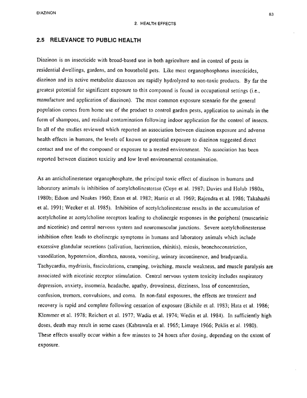 Agency for Toxic Substances and Disease Registry, Toxicological Profile for Diazinon-Upate, US DHHS, Public Health Service, Atlanta, GA., August 1996, p. 76.