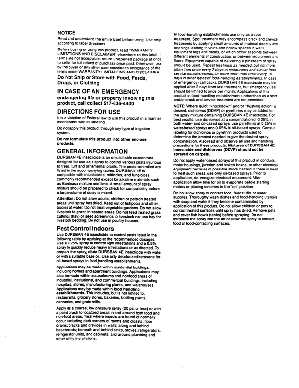  DowElanco, Specimen Label for Dursban 4E Insecticide (contains 44.9% chlorpyrifos), Indianapolis, IN, 2 pp.