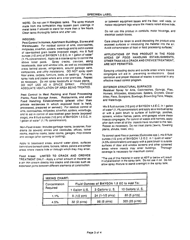 Miles Inc., Specialty Products,  Product Label for Insecticide Baygon Emulsifiable Concentrate (contains 14.7% propoxur). Kansas City, MO, December 4, 1992, 4 p.