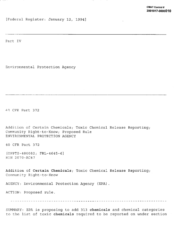 US Environmental Protection Agency, 40 CFR Part 372, Part IV EPA, 