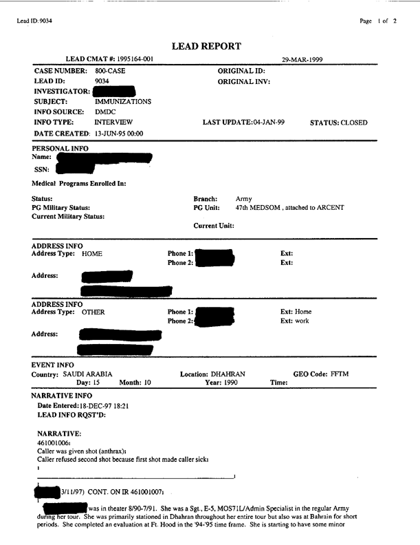 Lead Sheet #9034, Interview with 47th Medical Supply, Optical, and Maintenance Battalion soldier, December 18, 1997;  