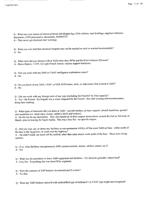   Lead Sheet #9415, Interview with 319th airborne Field Arty Regiment targeting/intell. specialist, May 20, 1997.