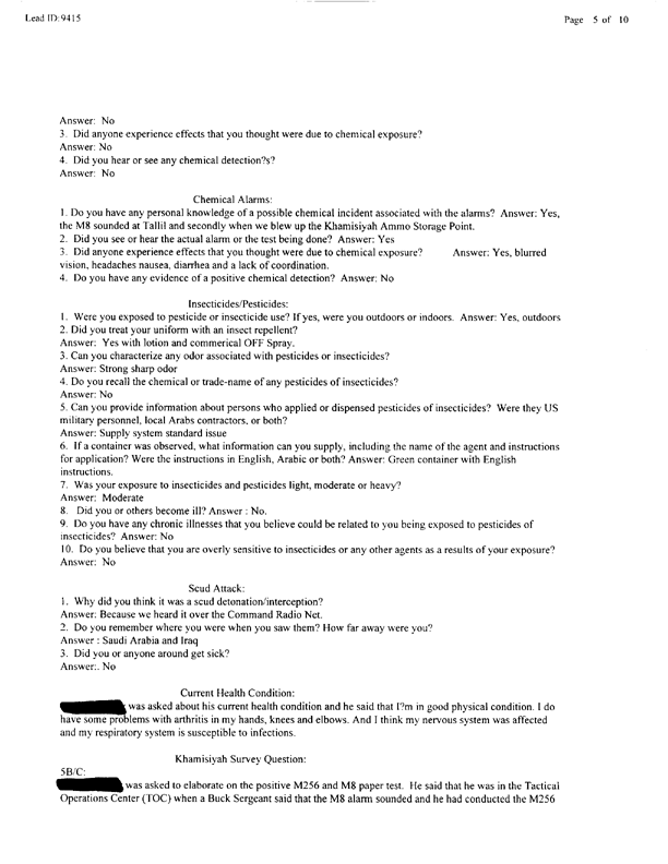   Lead Sheet #9415, Interview with 319th airborne Field Arty Regiment targeting/intell. specialist, May 20, 1997.