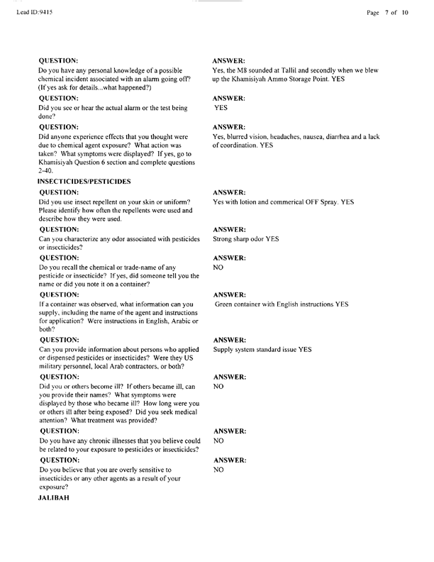   Lead Sheet #9415, Interview with 319th airborne Field Arty Regiment targeting/intell. specialist, May 20, 1997.