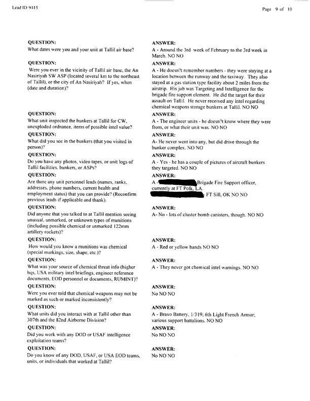   Lead Sheet #9415, Interview with 319th airborne Field Arty Regiment targeting/intell. specialist, May 20, 1997.