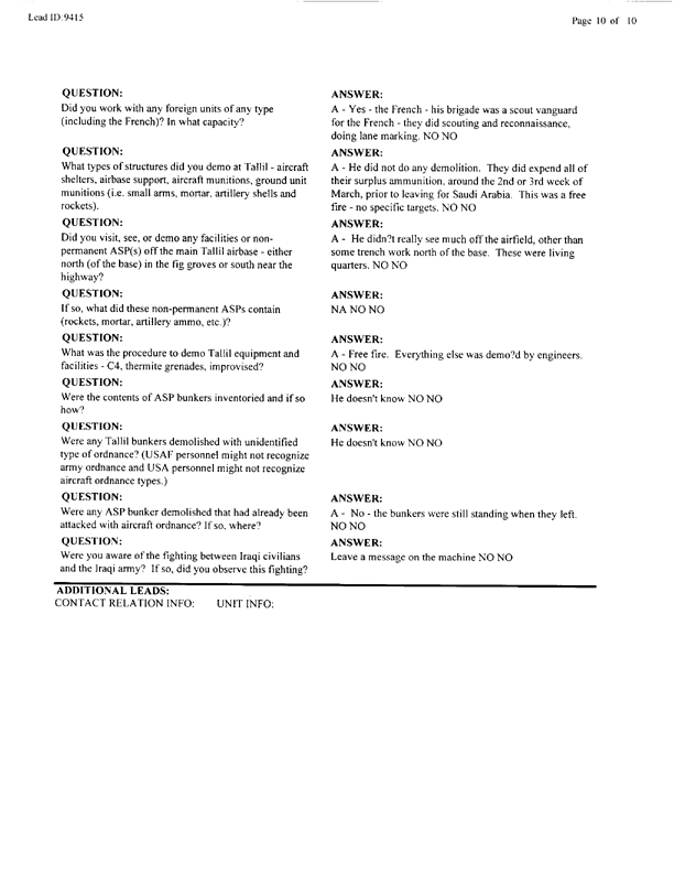   Lead Sheet #9415, Interview with 319th airborne Field Arty Regiment targeting/intell. specialist, May 20, 1997.