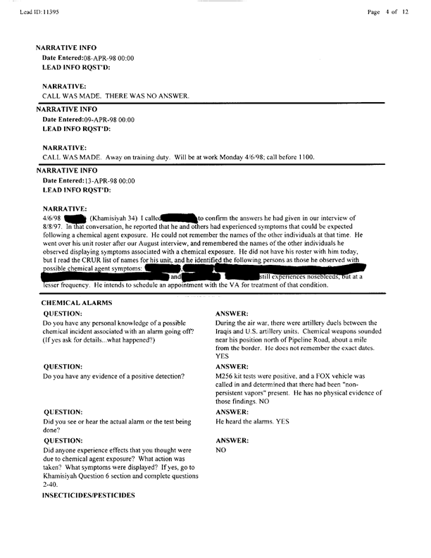   Lead Sheet #11395, Interview with 307th Engineer Battalion platoon leader, September 30, 1998.