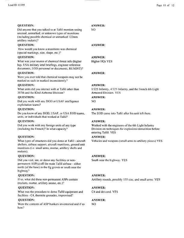   Lead Sheet #11395, Interview with 307th Engineer Battalion platoon leader, September 30, 1998.