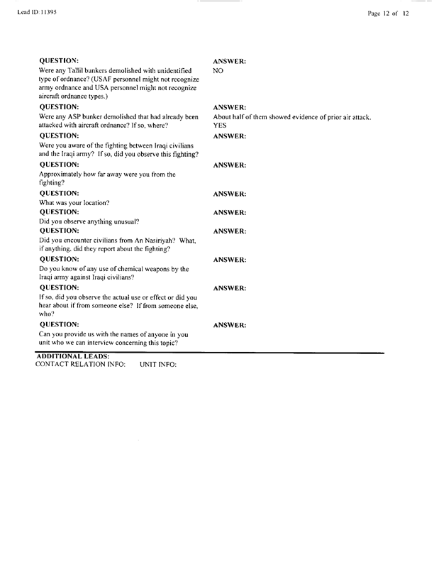   Lead Sheet #11395, Interview with 307th Engineer Battalion platoon leader, September 30, 1998.
