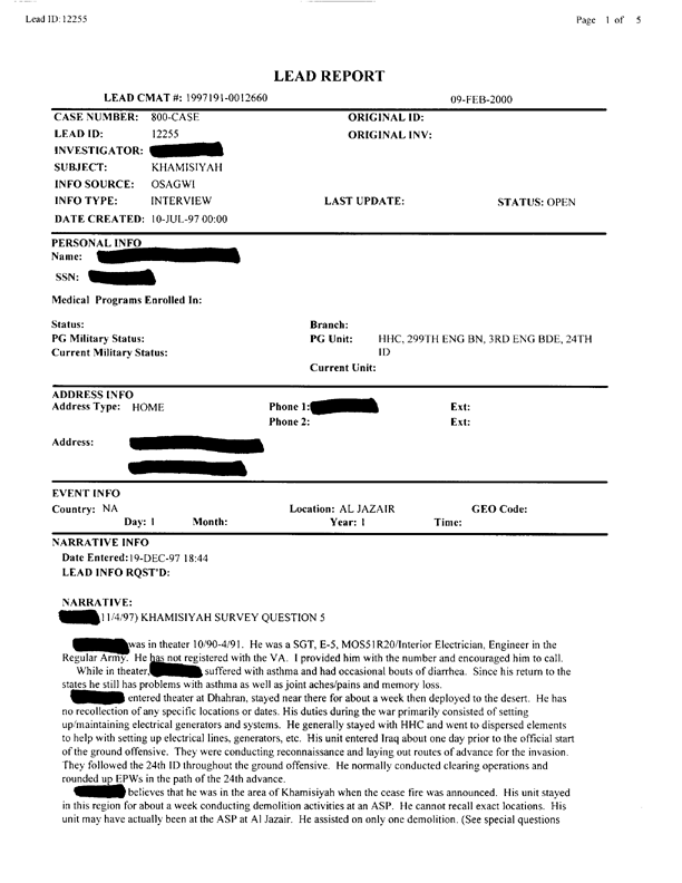   Lead Sheet #12255, Interview with 299th Engineer Battalion engineer, November 4, 1997.