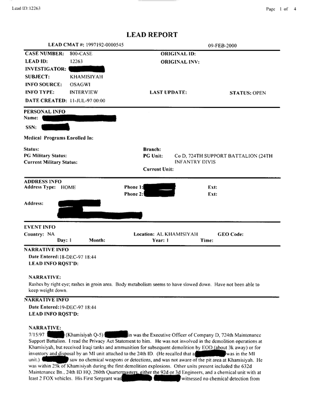   Lead Sheet #12263, Interview with 724th Support Battalion executive officer, October 18, 1997.