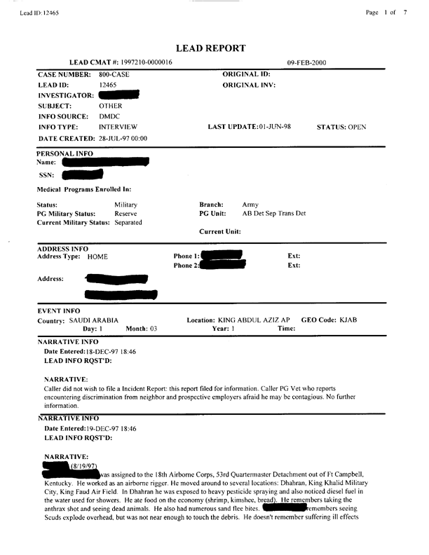   Lead Sheet #12465, Interview with 53rd Quartermaster Detachment airborne rigger, August 19, 1999.