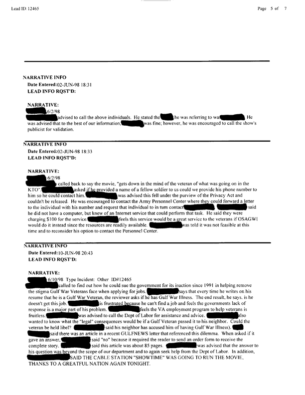   Lead Sheet #12465, Interview with 53rd Quartermaster Detachment airborne rigger, August 19, 1999.