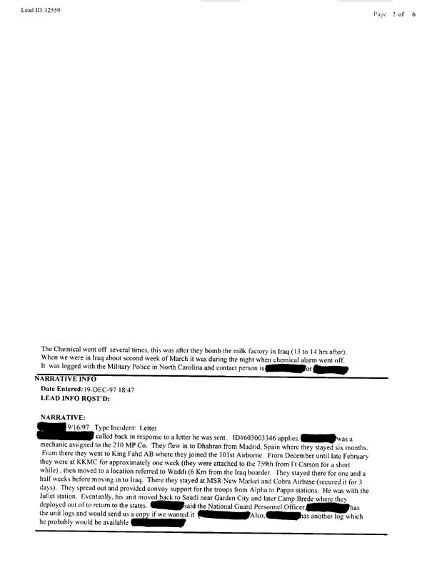   Lead Sheet #12559, Interview with 210th MP Co. mechanic, December 18, 1997.