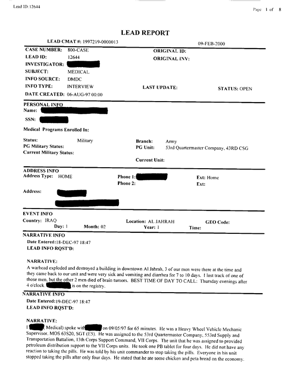   Lead Sheet #12644, Interview with 53rd Quartermaster Detachment mechanic supervisor, September 8, 1997.