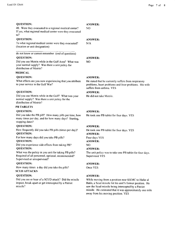   Lead Sheet #12644, Interview with 53rd Quartermaster Detachment mechanic supervisor, September 8, 1997.