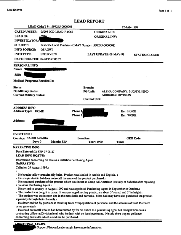   Lead Sheet #5946, Interview with Gulf War veteran, September 2, 1997.