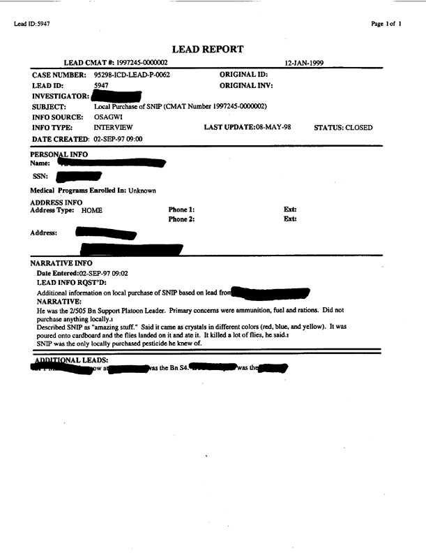   Lead Sheet #5947, Interview with battalion support platoon leader, September 2, 1997.