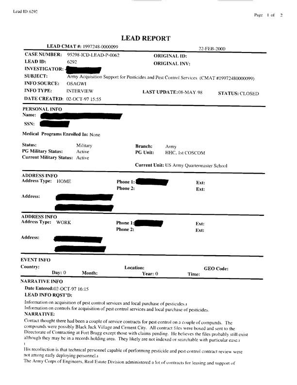   Lead Sheet #6292, Interview with XVIII Airborne Corps contracting officer, October 2, 1997, p. 1.