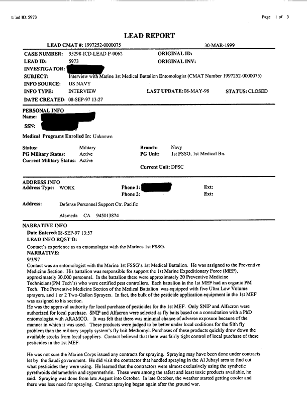 Lead Sheet #5973, Interview with Marine 1st Medical Battalion entomologist, September 3, 1997; 