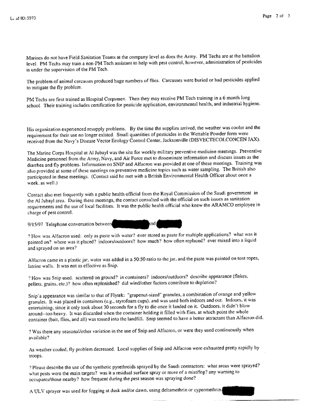 Lead Sheet #5973, Interview with Marine 1st Medical Battalion entomologist, September 3, 1997; 