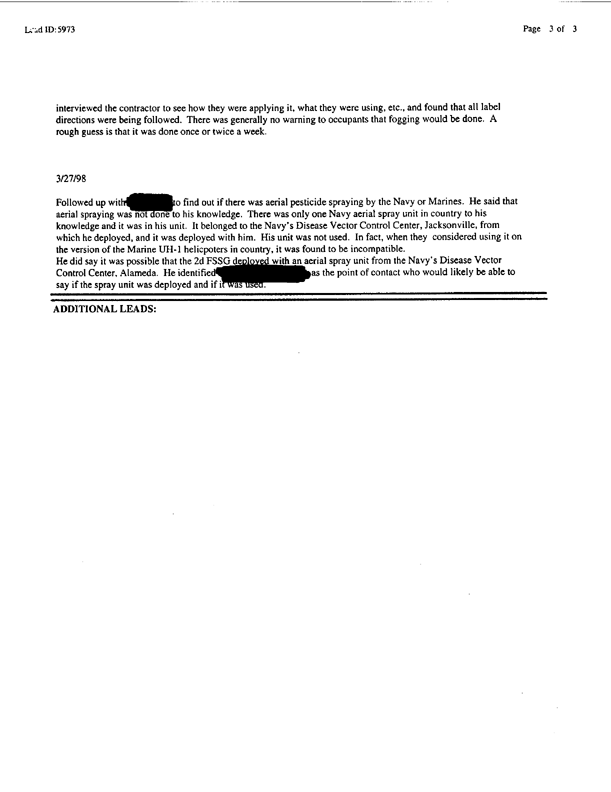 Lead Sheet #5973, Interview with Marine 1st Medical Battalion entomologist, September 3, 1997; 