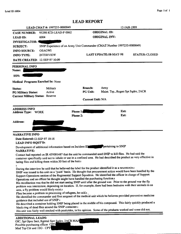 Lead Sheet #6004, Interview with unit commander, September 12, 1997, p. 1