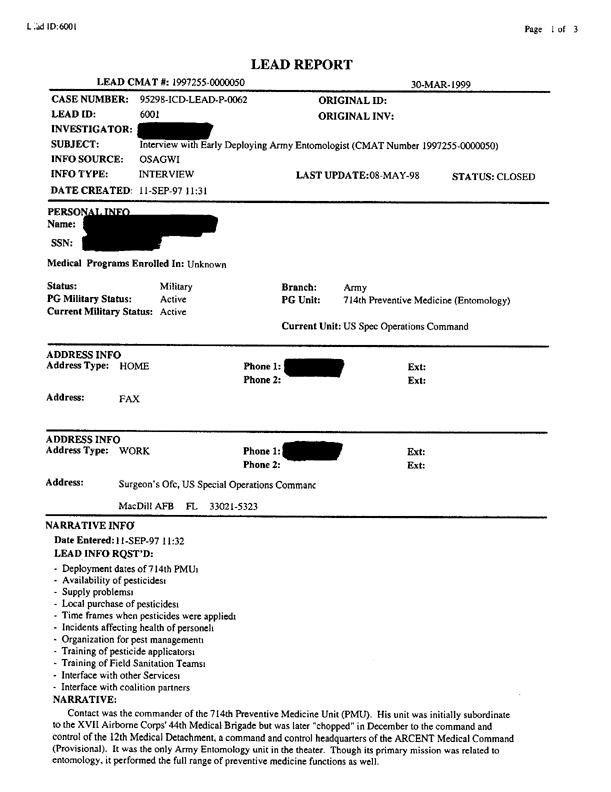   Lead Sheet #6001, Interview with 714th Preventive Medicine unit entomologist, September 11, 1997, p. 2.