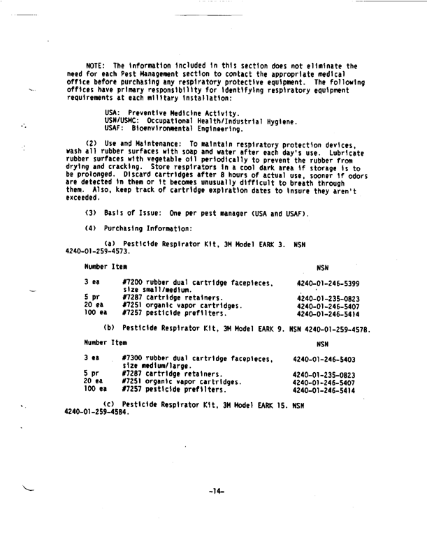 Armed Forces Pest Management Board, Technical Information Memorandum No. 14, �Personal Protective Equipment for Pest Management Personnel,�  March 1992, pp. 11, 13, 14.