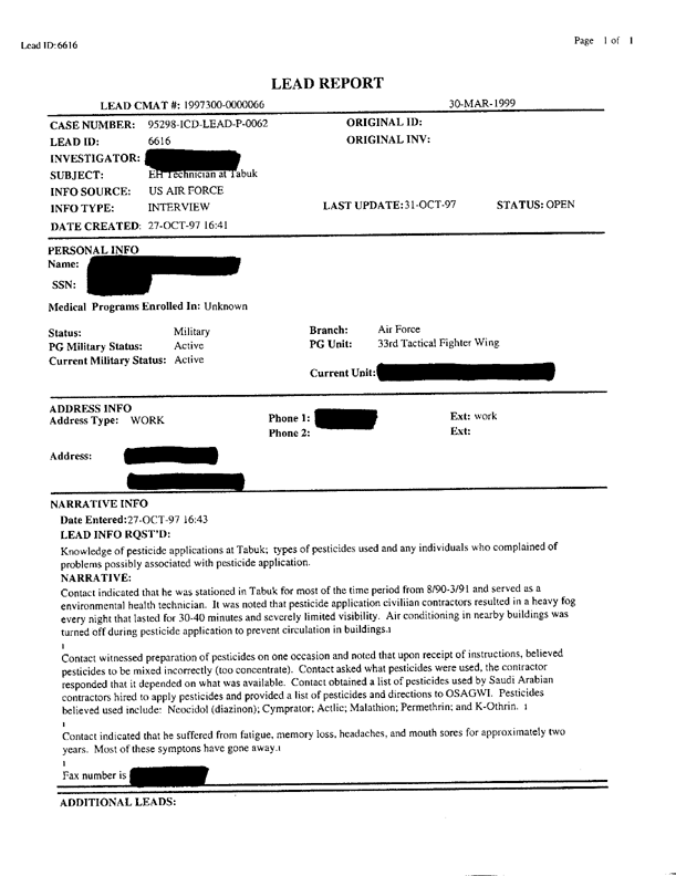 Lead Sheet #6616, Interview with Air Force environmental health technician, Oct. 27, 1997.