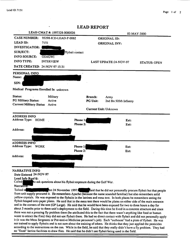   Lead Sheet #7151, Interview with member of Army 2nd Bn 505th Infantry, November 24, 1997, p. 1.