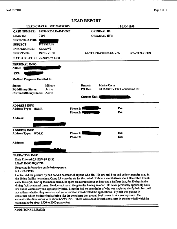   Lead Sheet #7160, Interview with 2nd Marine Division veteran, November 25, 1997.