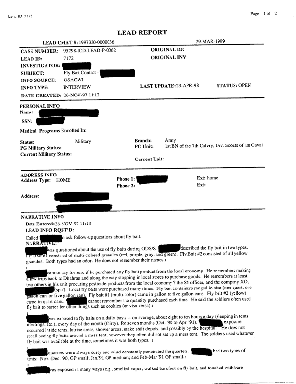 Lead Sheet #7172, Interview with 1st Cavalry Division veteran, November 26, 1997, p. 1-2.