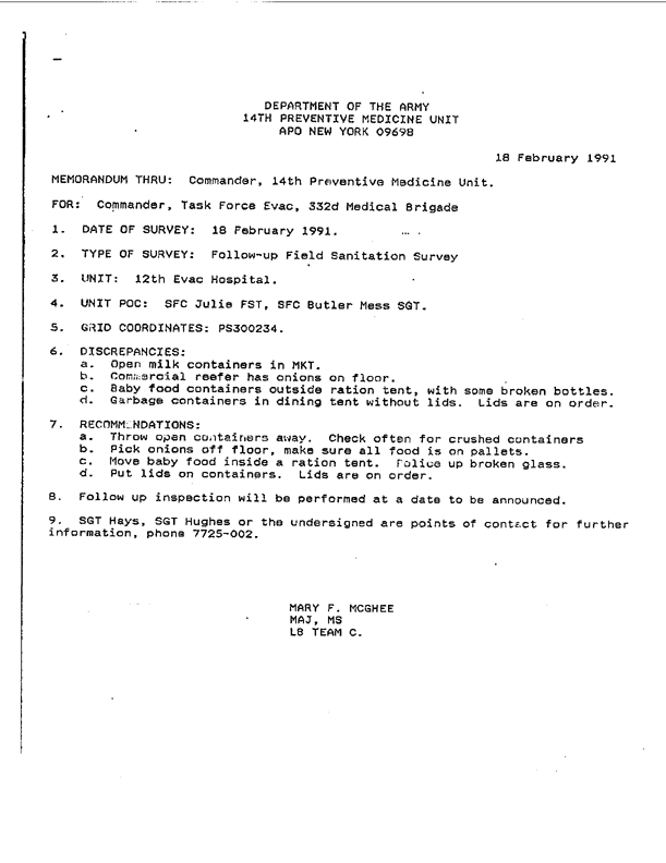   Memorandum from 14th Preventive Medicine Detachment Commander for 332nd Medical Brigade Commanding General, Subject: �Synopsis of Major Diseases in Theater of Operation,� February 13, 1991.